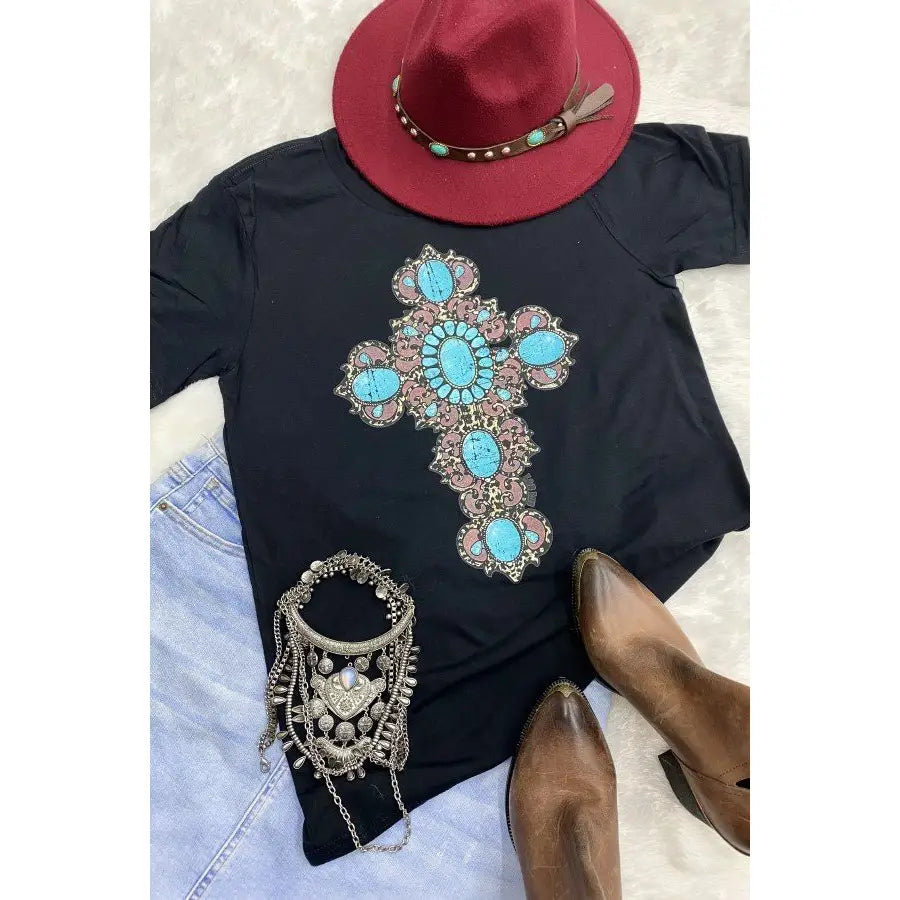 Concho Cross Cowhide, Concho, Cute, Trendy Graphic Tshirt-black