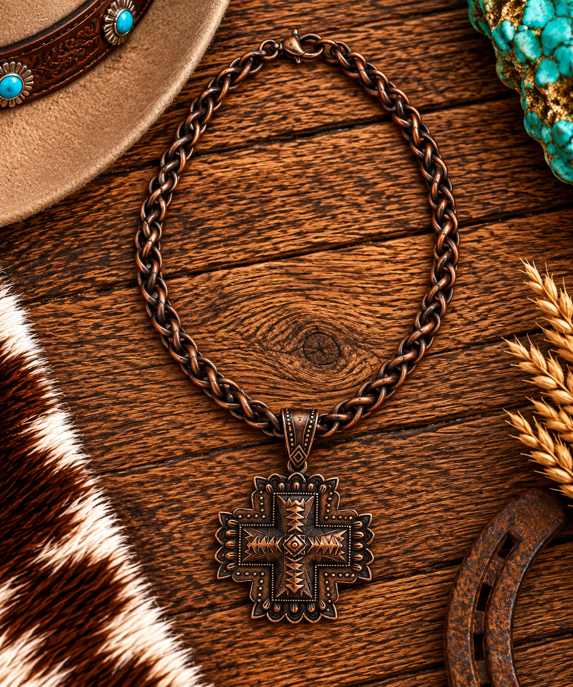 Copper chunky cross with thick chain