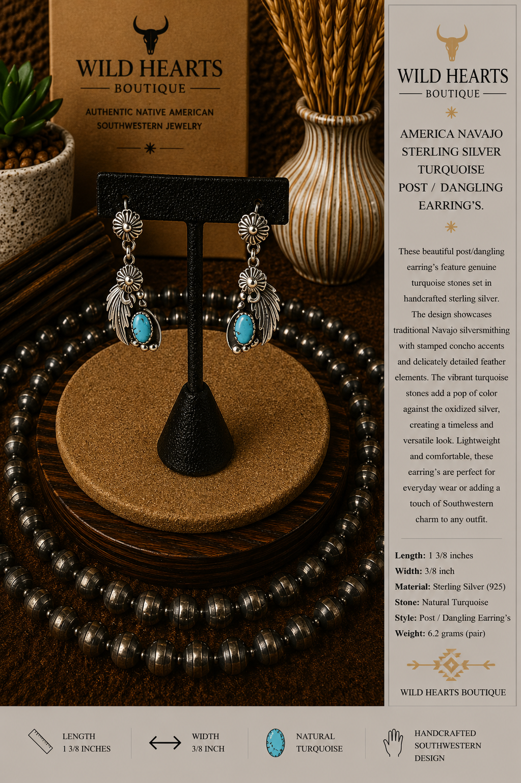 Feather with turquoise drops and sterling silver earrings