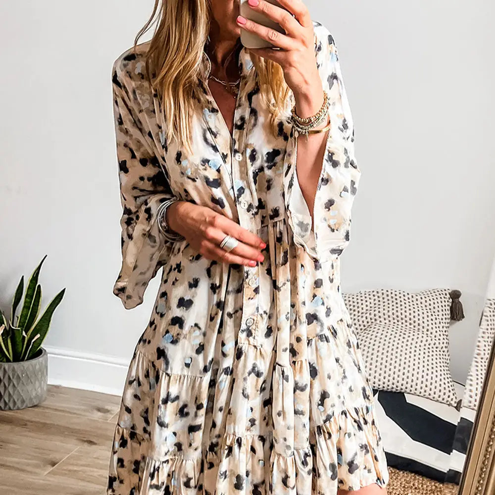 Khaki Leopard Button Front Tiered Ruffle Mini Dress