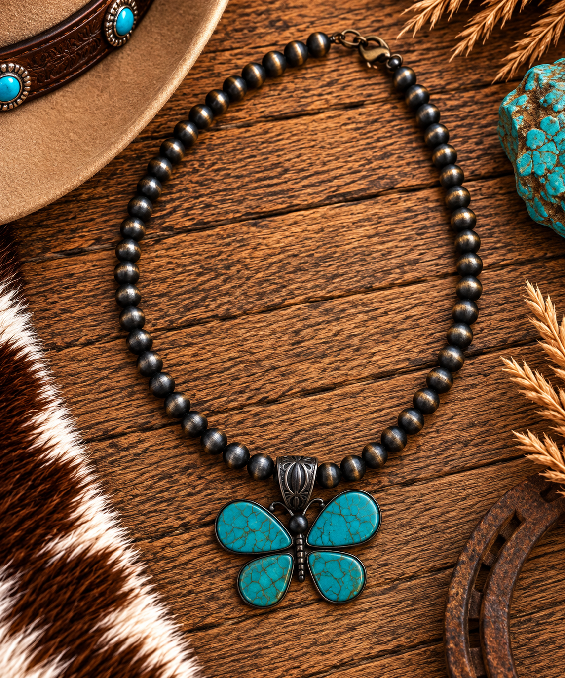 Large Navajo style bead with butterfly pendant in turquoise