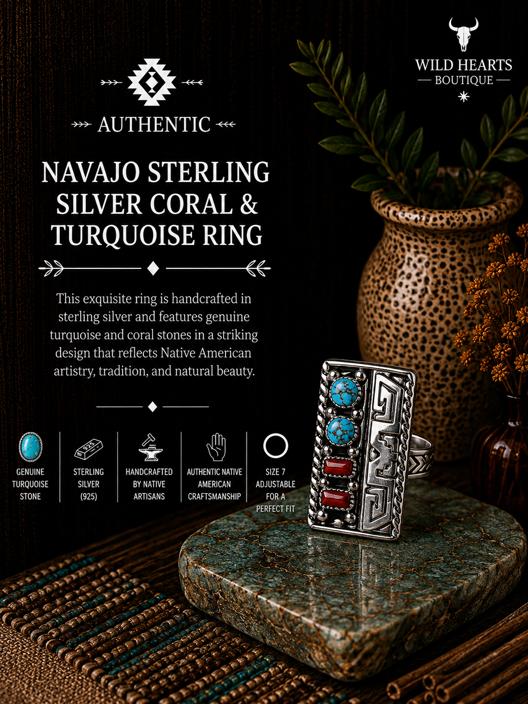 Sterling Silver, Coral & Turquoise Ring