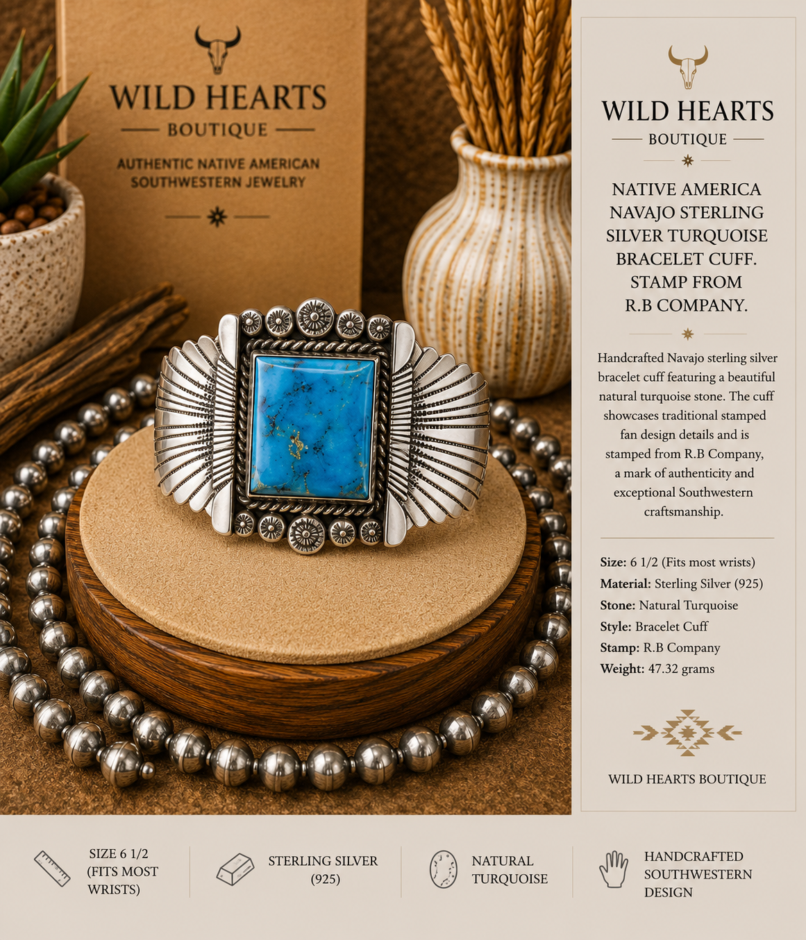 Turquoise & Sterling fan design cuff bracelet