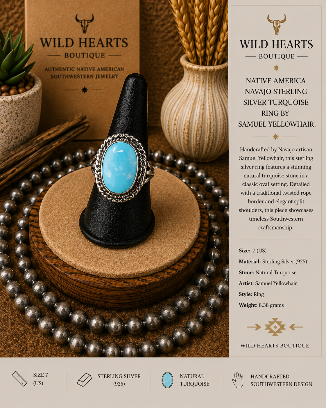 Turquoise oblong ring with rope design