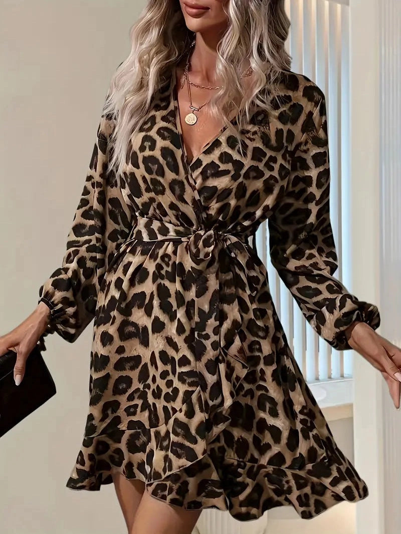 Women Leopard V Neck Tie Waist Asymmetrical Hem Dress