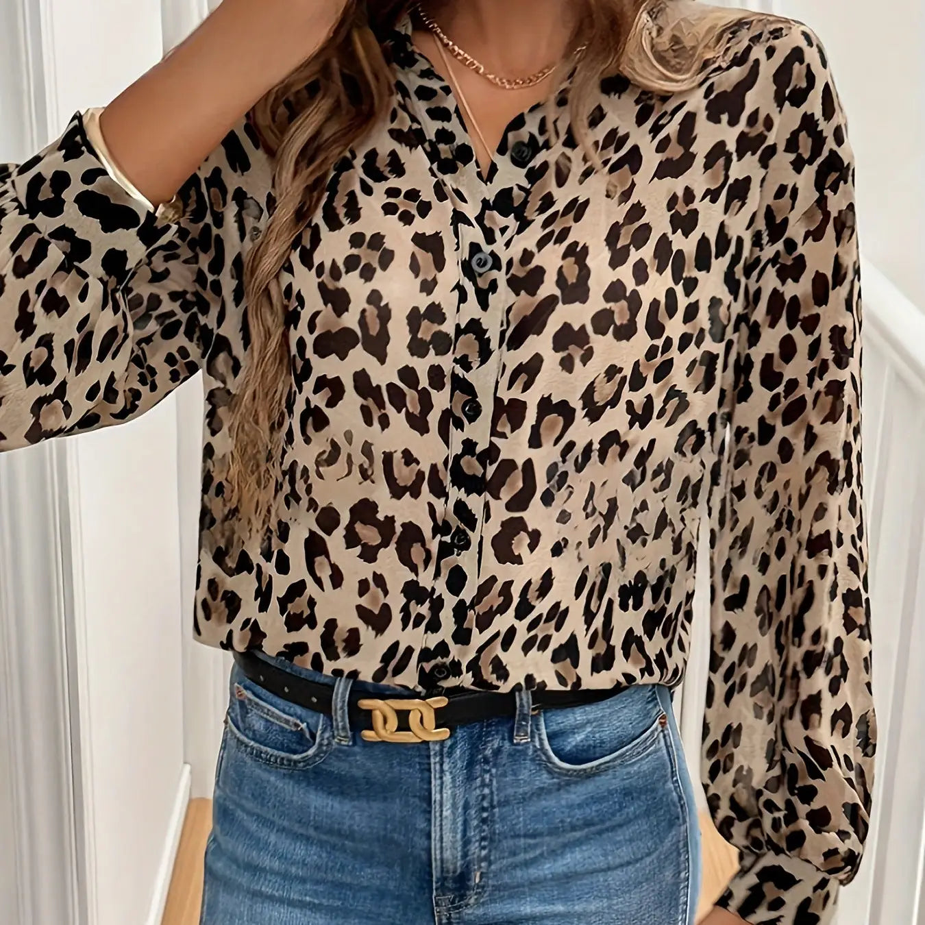 Women's Leopard Print Long Sleeve Loose Blouse