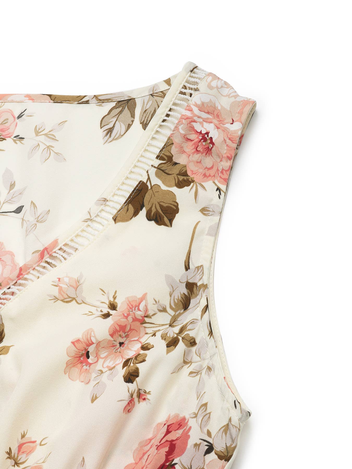 V-Neck Floral Print Sleeveless Dress: White