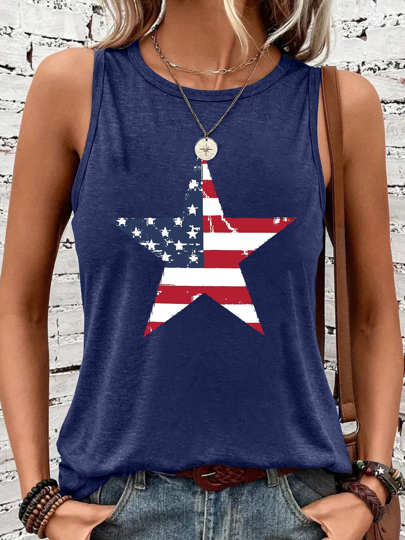 Independence Day Star Print Vest Top: Blue