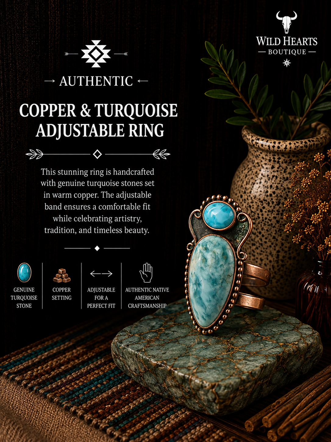 Turquoise adjustable ring set in copper