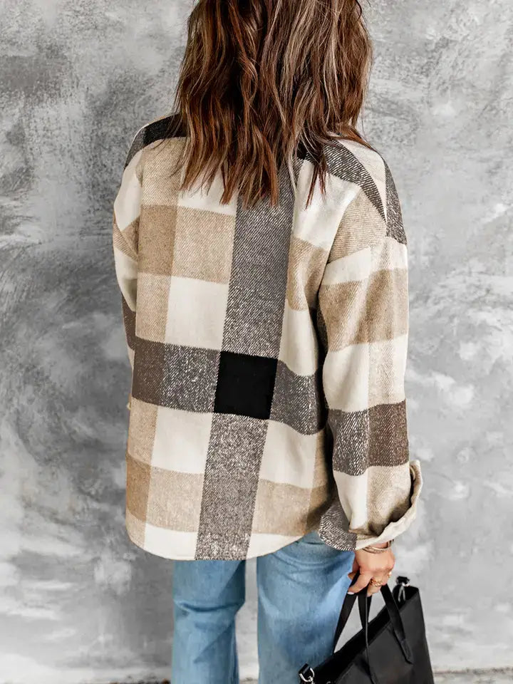 Buttoned Plaid Color Block Long Sleeve Jacket with Pockets