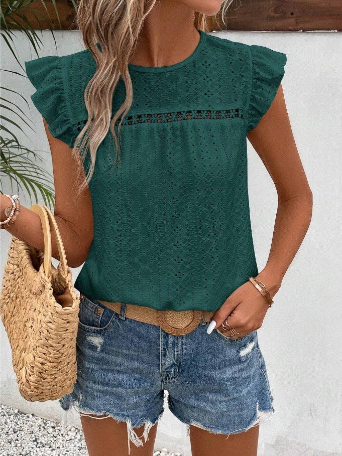 Eyelet Lace Ruffle Sleeve Summer Blouse Women: Malachite Green
