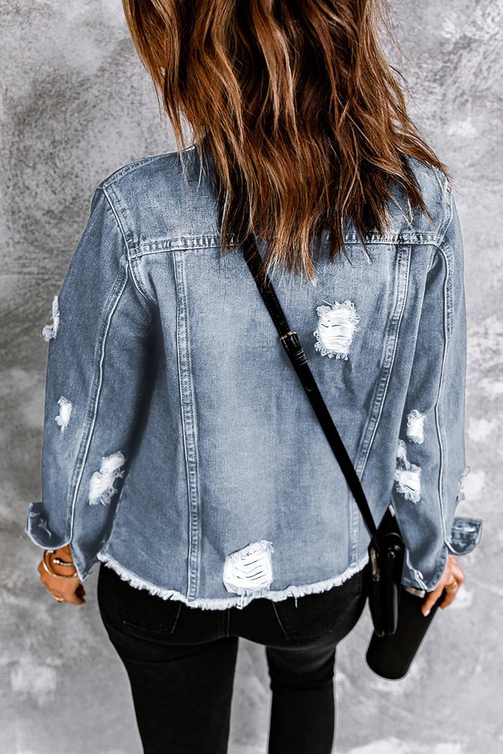 Lapel Distressed Raw Hem Buttons Denim Jacket: Sky Blue