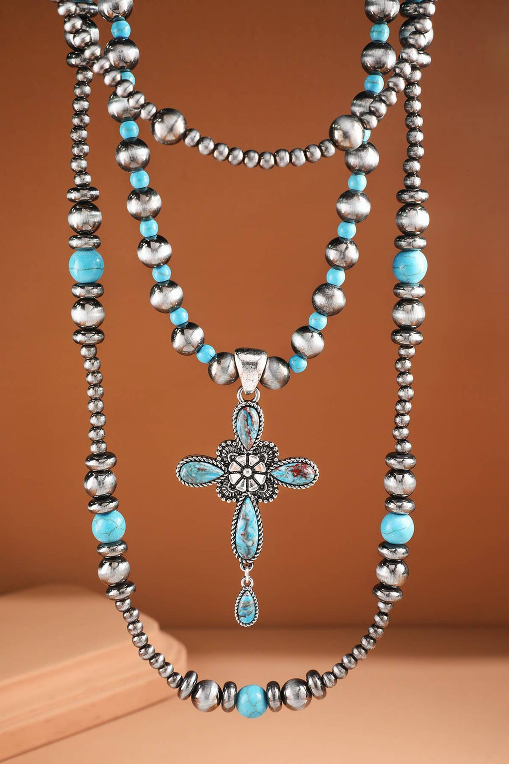 Western Navajo 3 layered Cross Pendant Necklace: SBTQ-TURQUOISE
