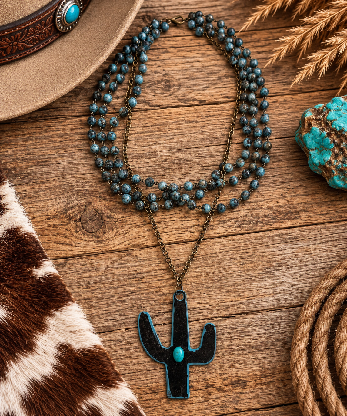 cactus pendant with beads in indigo