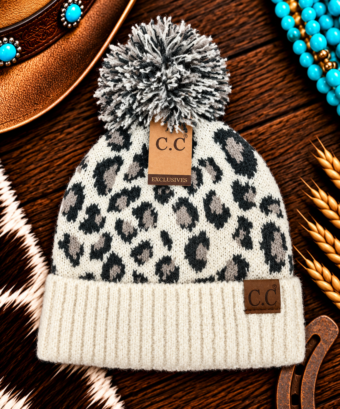 animal print cc beanie on cream