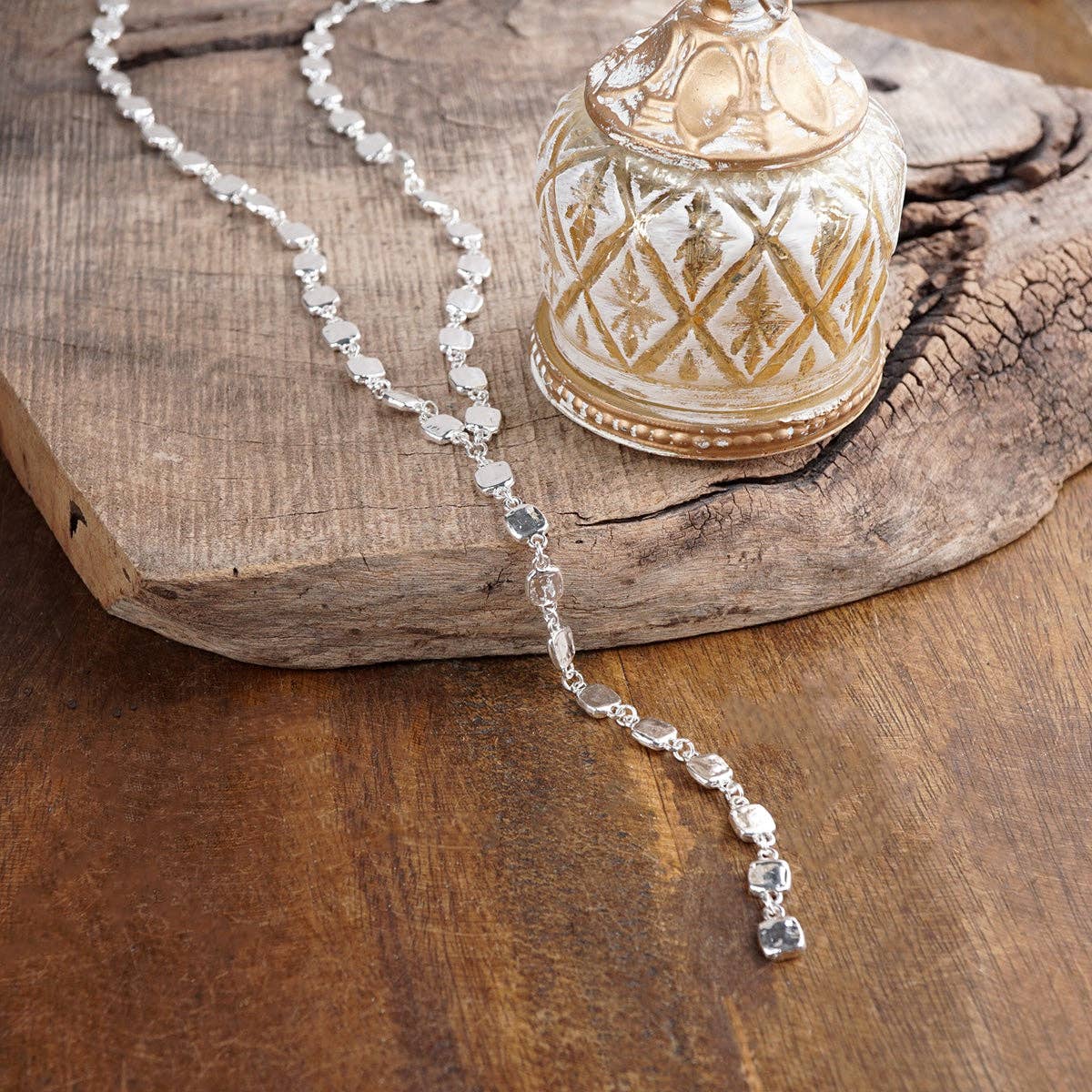 Desert Cascade – Textured Square Long Lariat Necklace: Silver Tone
