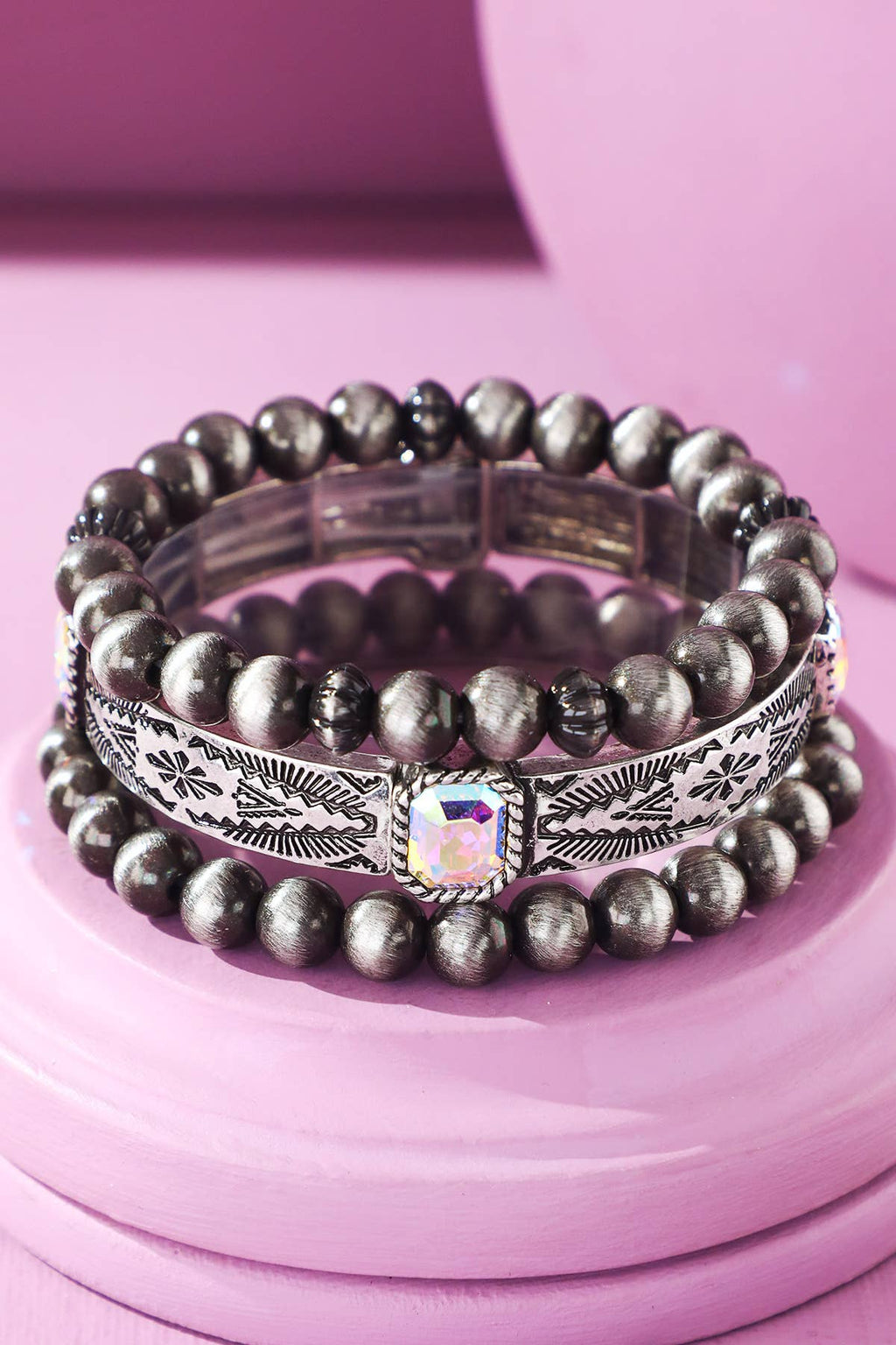 3 Layered Navajo and Glass Stone Stretch Bracelet: SILVER(SBAB)