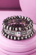 3 Layered Navajo and Glass Stone Stretch Bracelet: SILVER(SBAB)