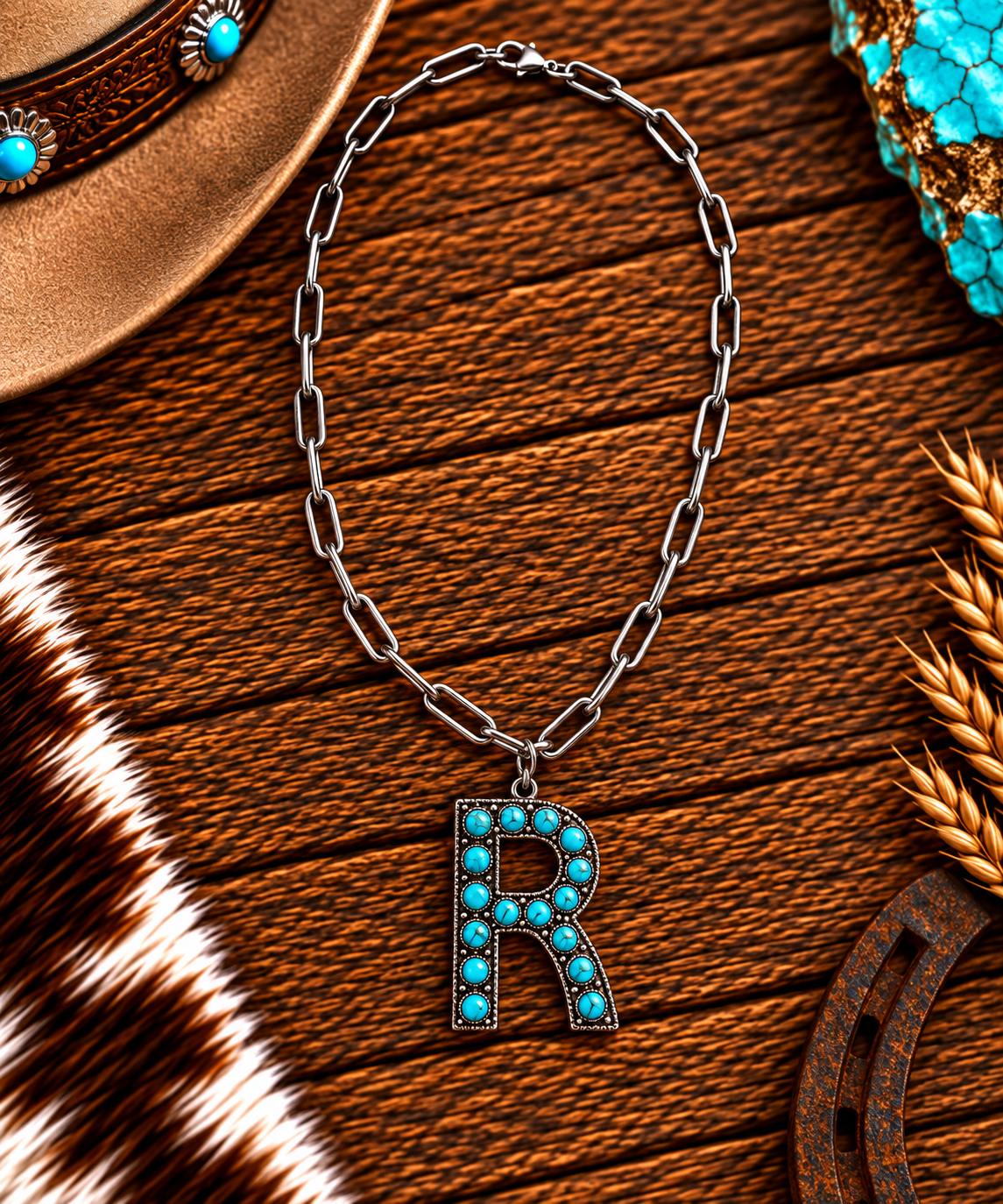 Chain necklace with the letter R in turquoise