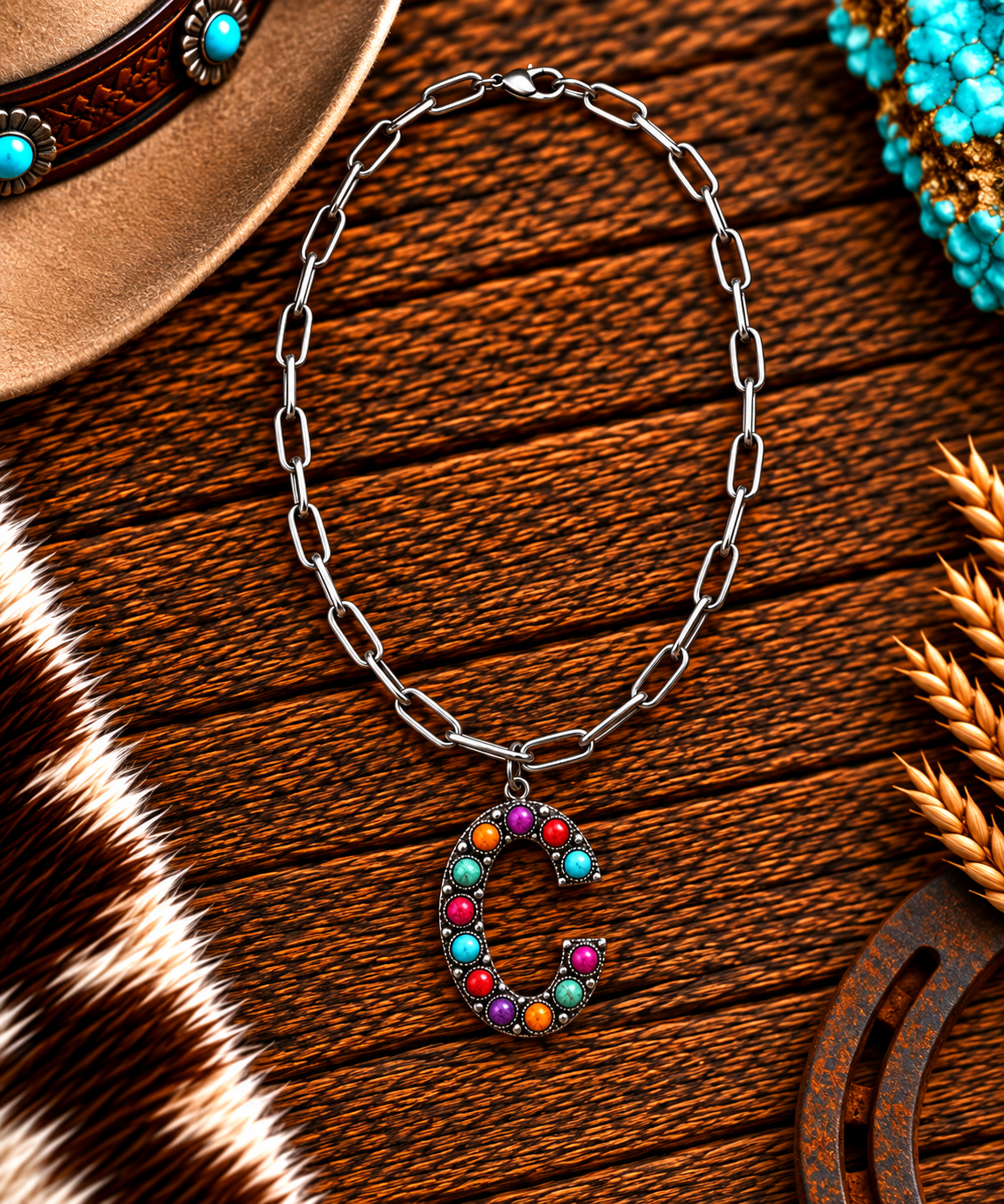 Chain necklace with multi color stone "C"