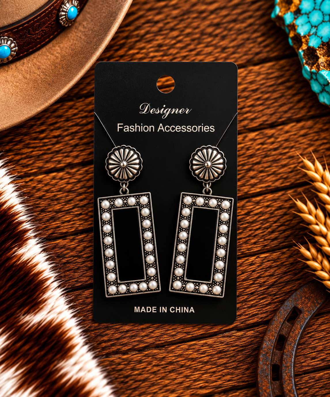 Concho earrings with rectangle white stone accent