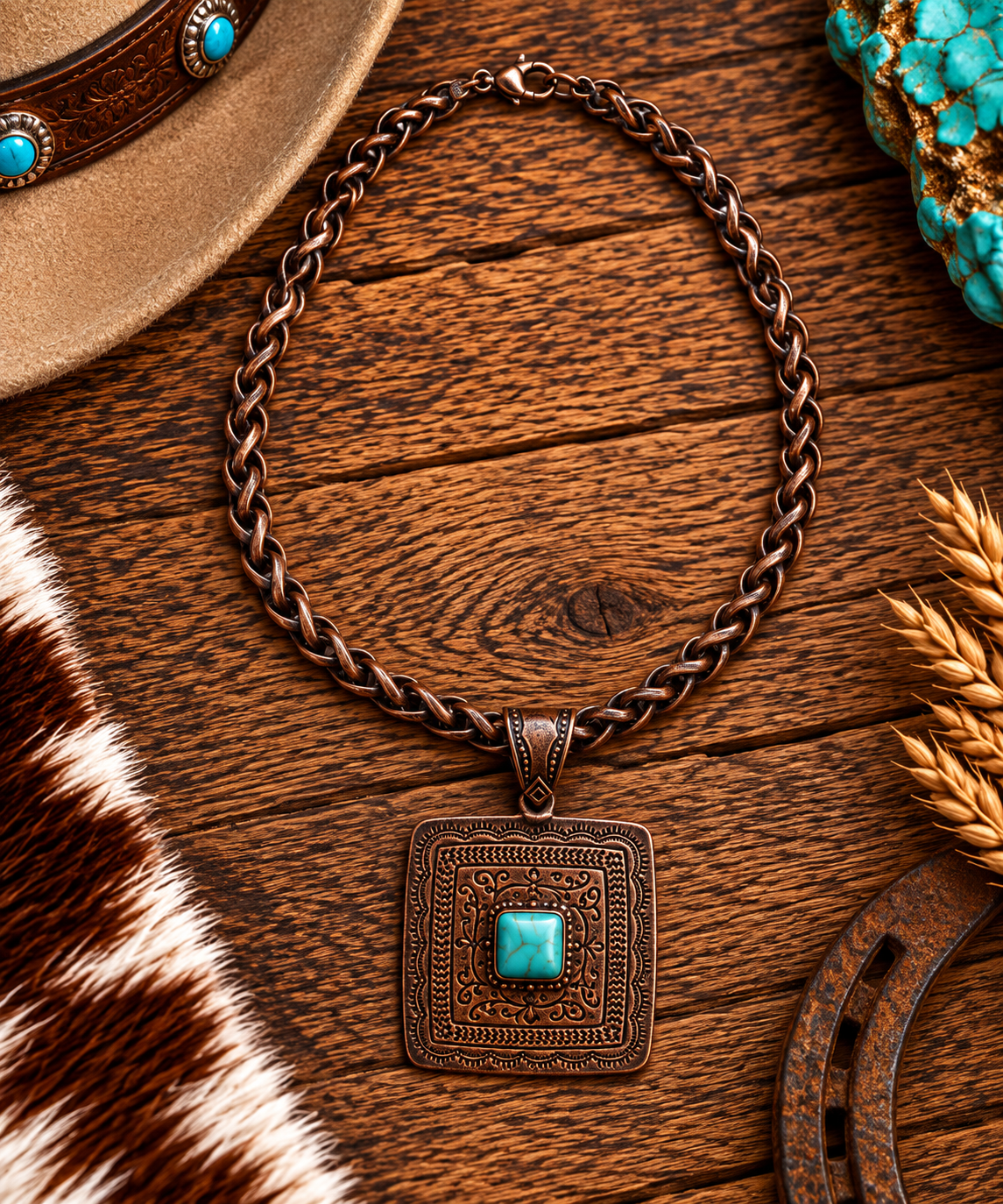Copper color square pendant and chunky chain