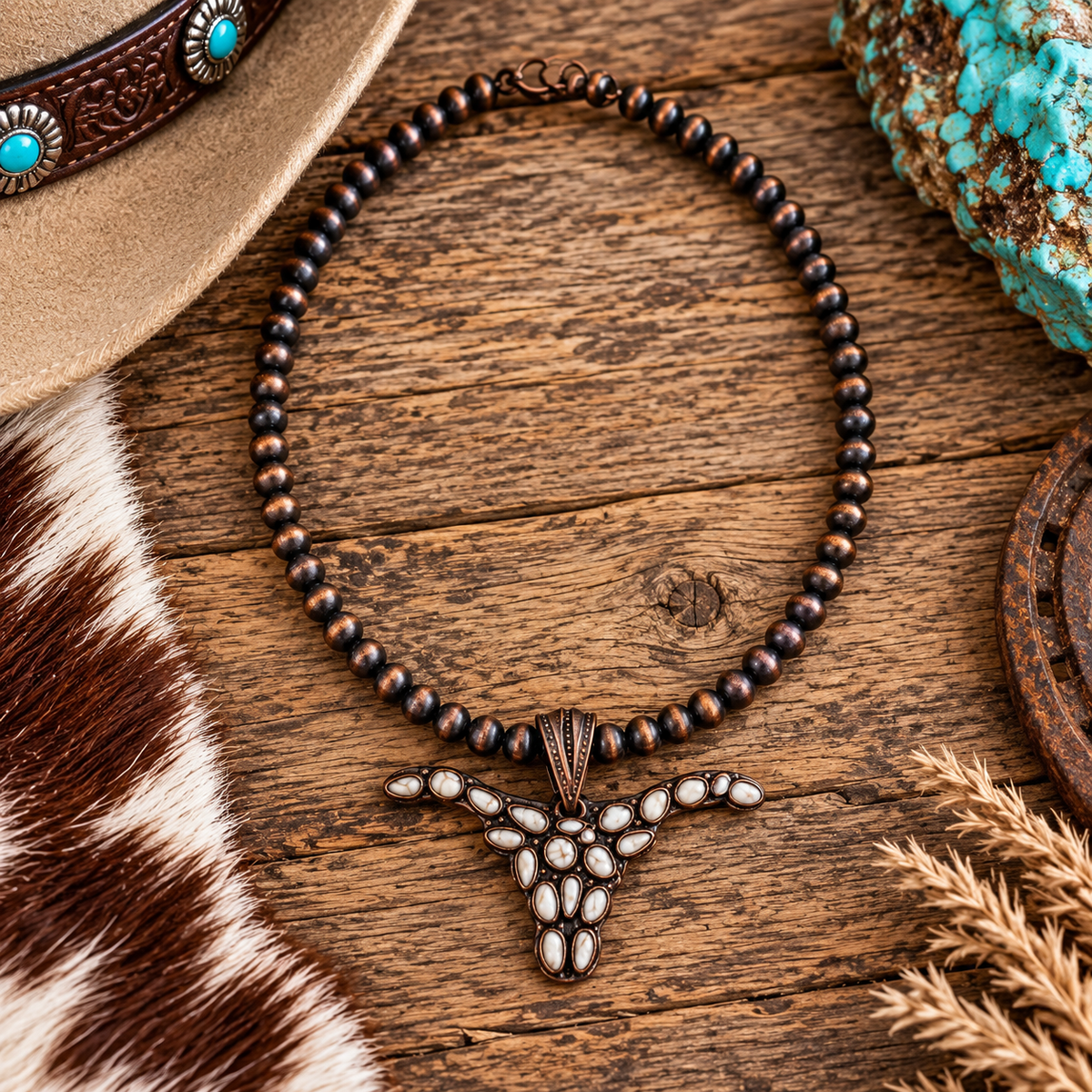 Copper navajo bead-white oxen pendant