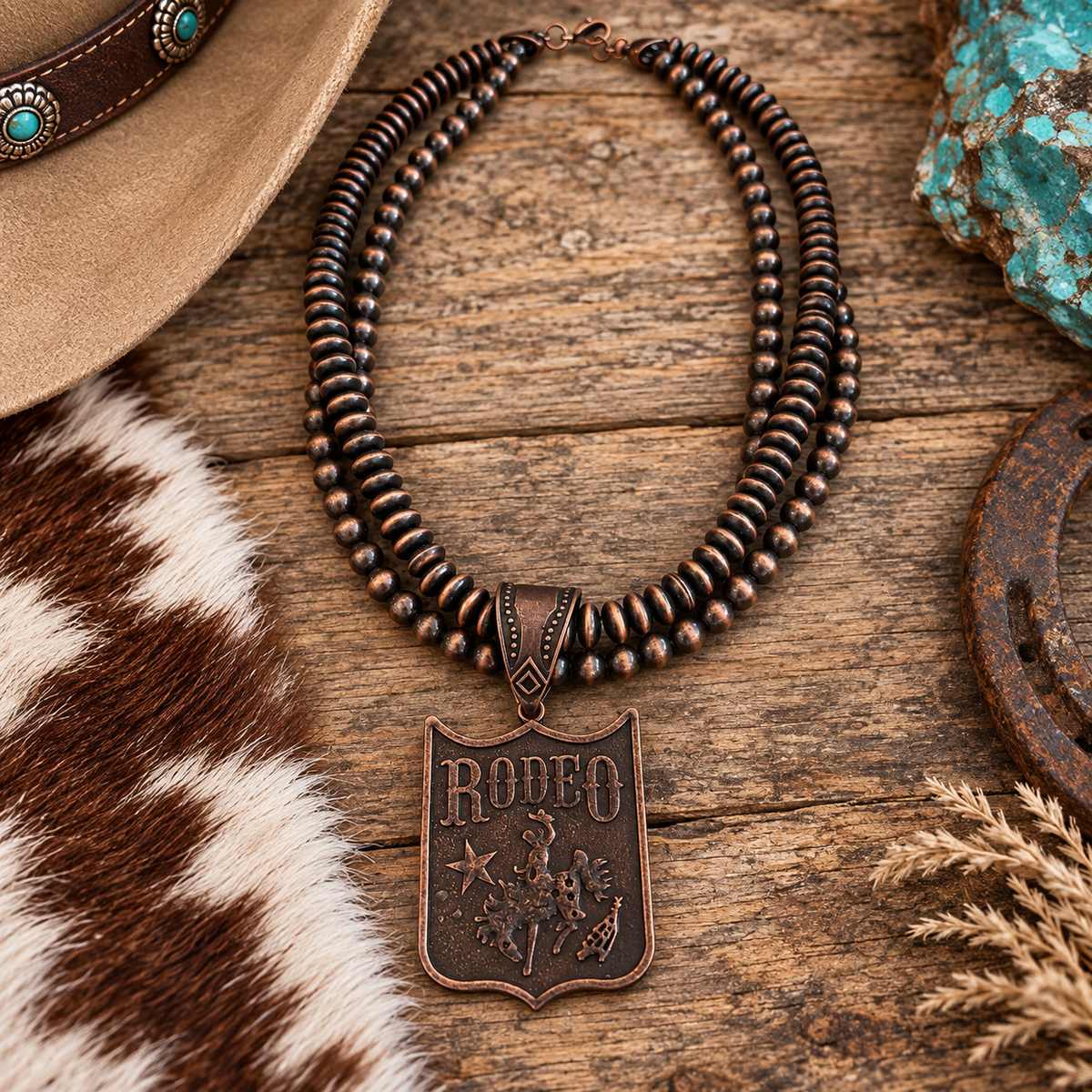 Rodeo pendant dual strand beads-copper color