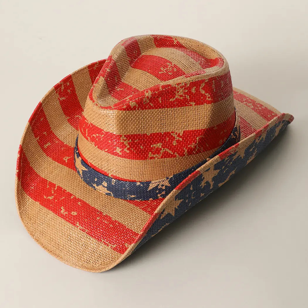 Vintage Americana Stars Stripes Straw Cowboy Hat