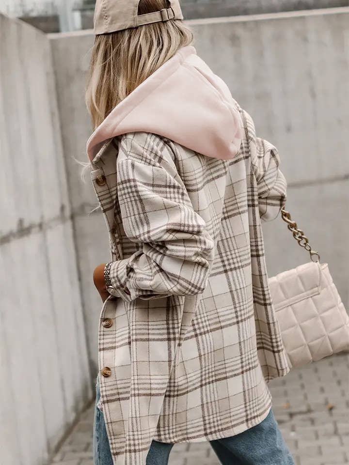Khaki Plaid Shirt removable Hood Buttoned Shacket: Khaki