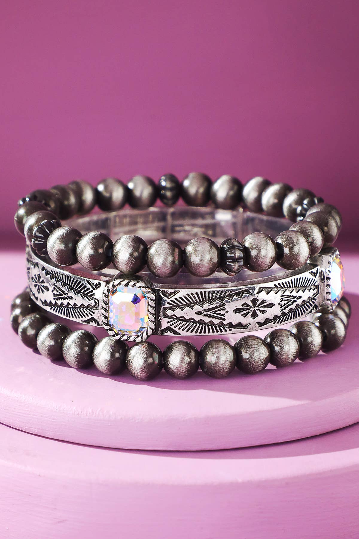 3 Layered Navajo and Glass Stone Stretch Bracelet: SILVER(SBAB)