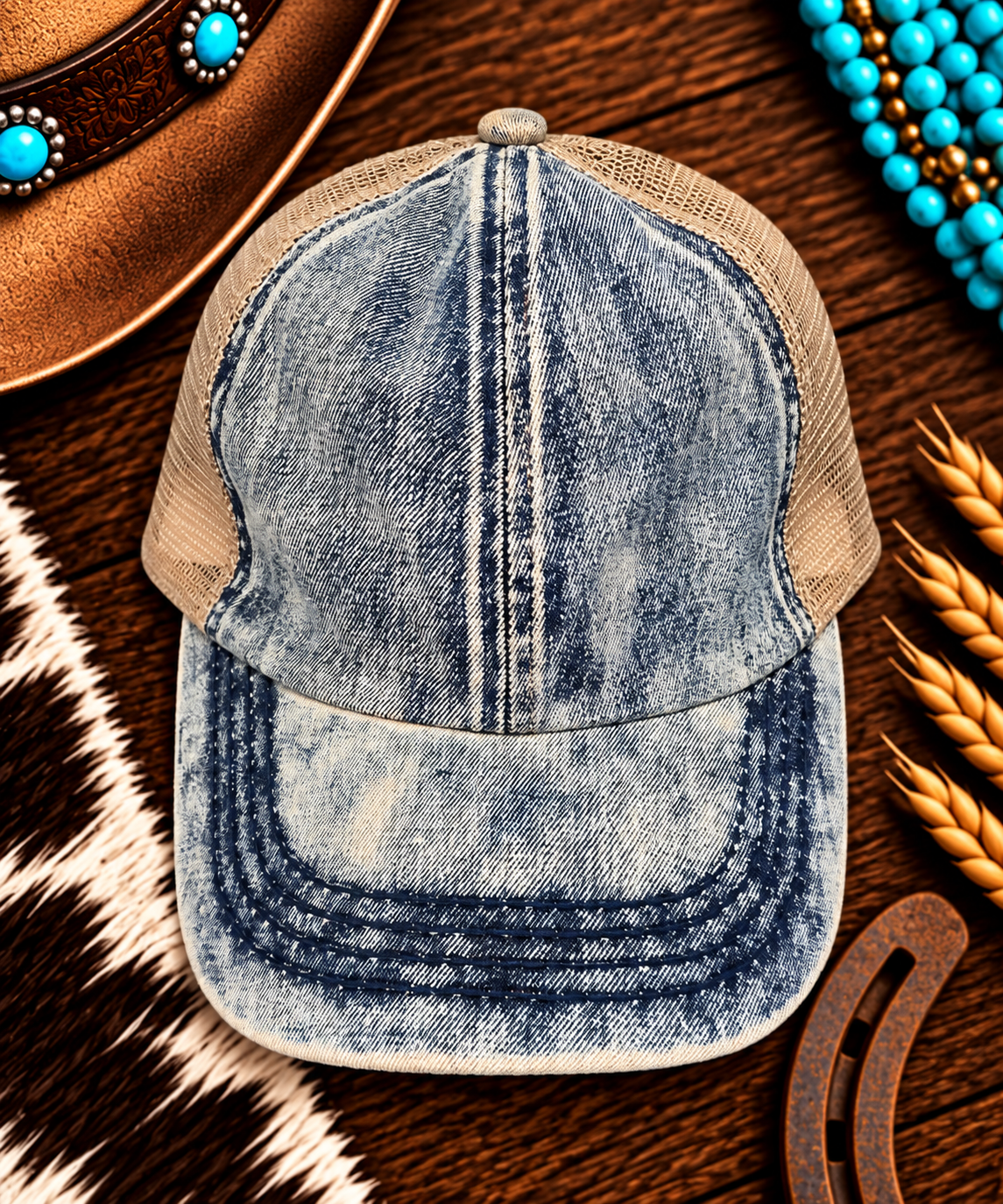 Denim & tan ball cap
