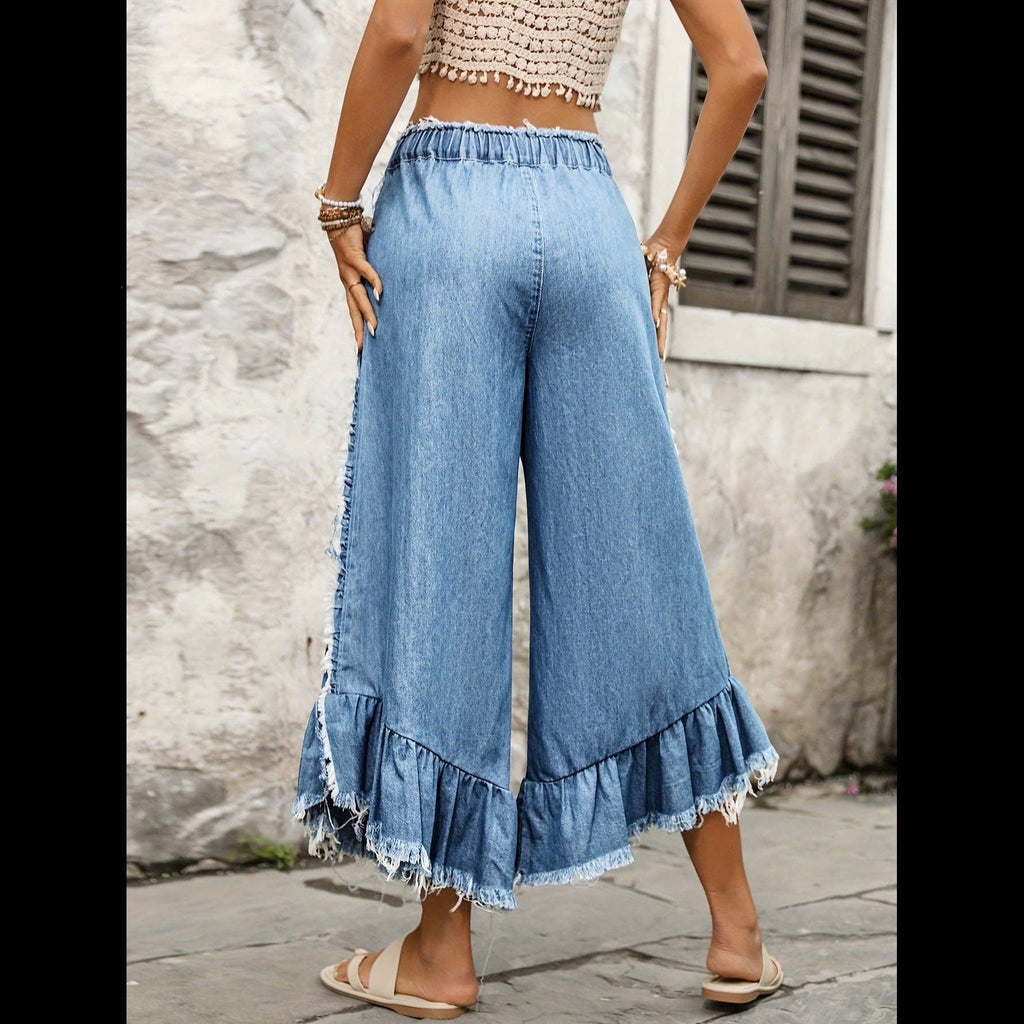 Women's Tie Drawstring Elastic Waist Wide Leg Jeans: Blue