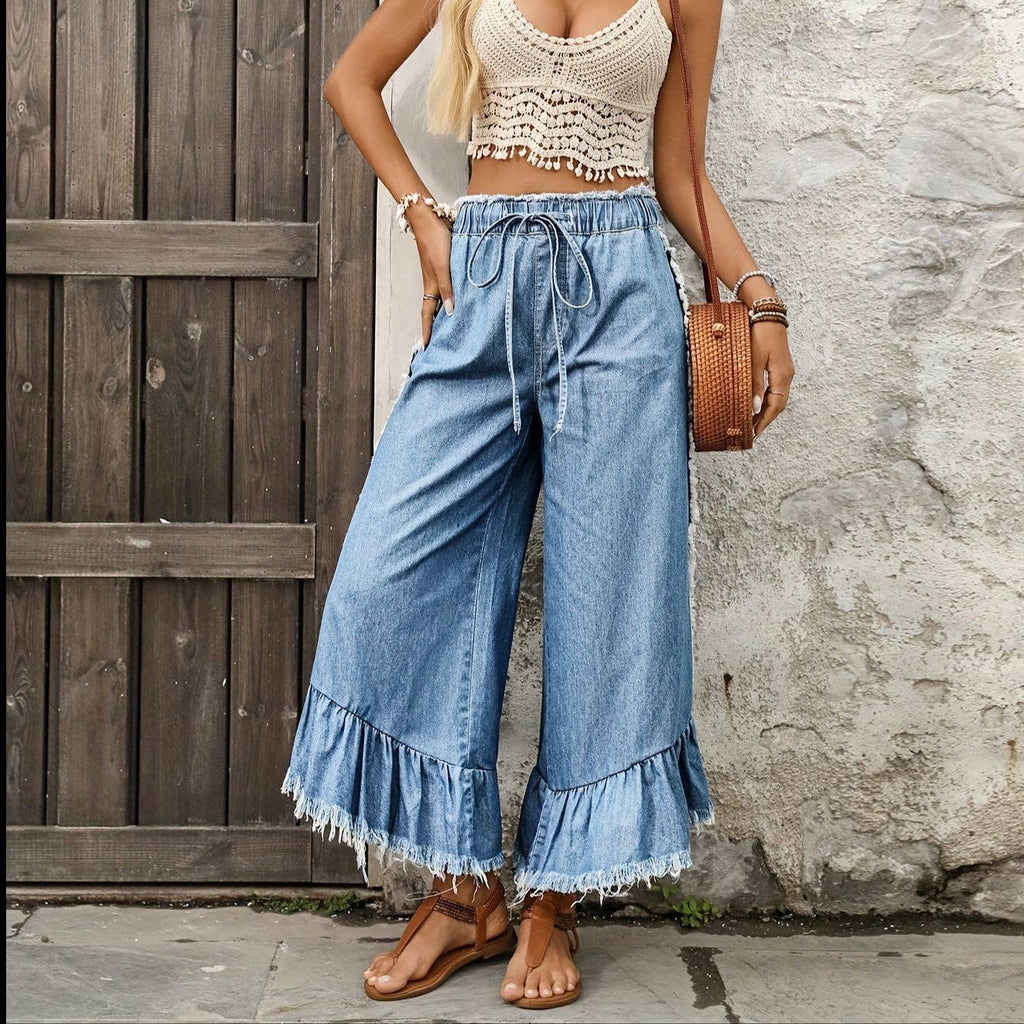 Women's Tie Drawstring Elastic Waist Wide Leg Jeans: Blue