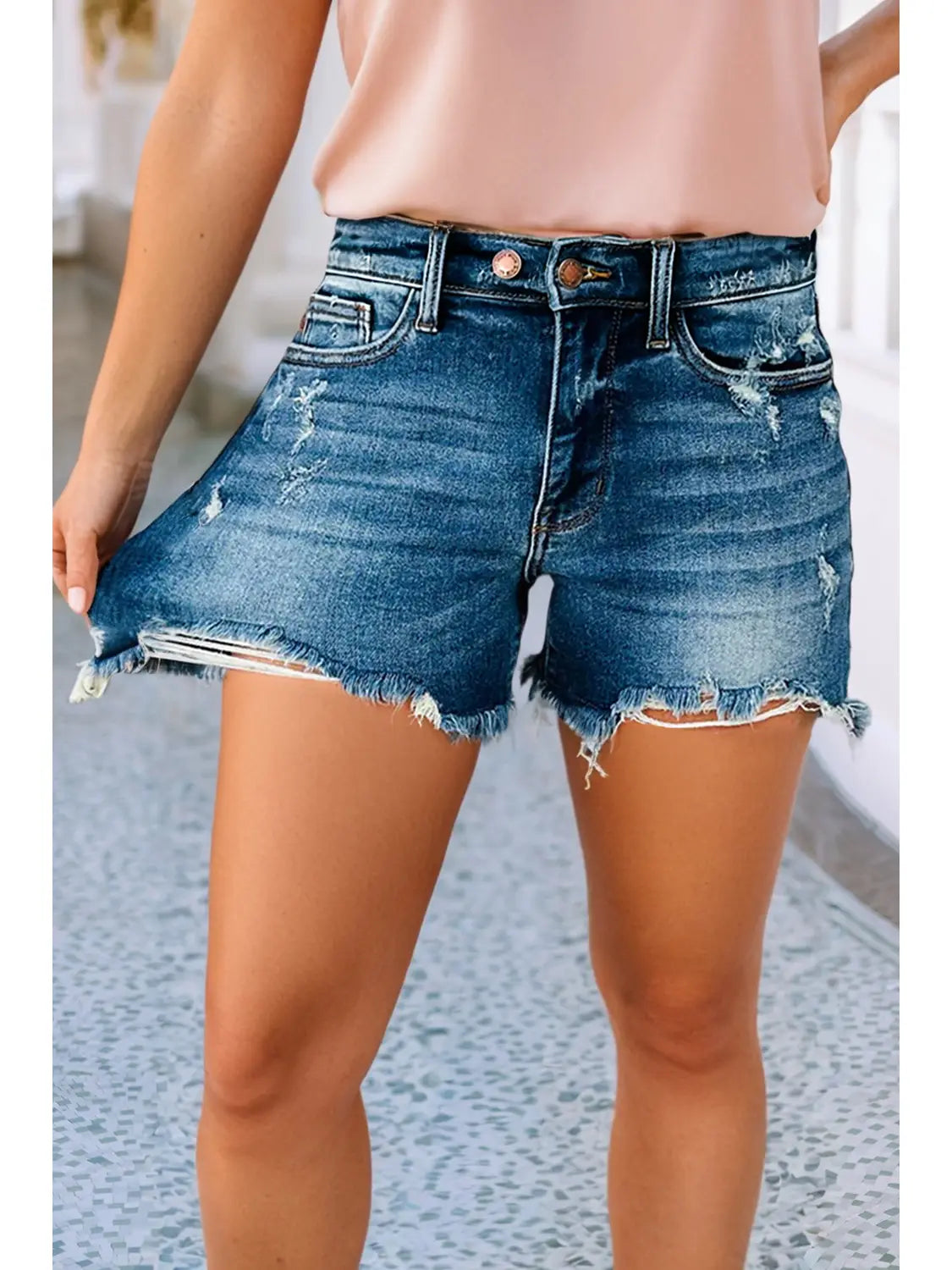 Asymmetric Raw Hem Distressed Whiskery Denim Shorts