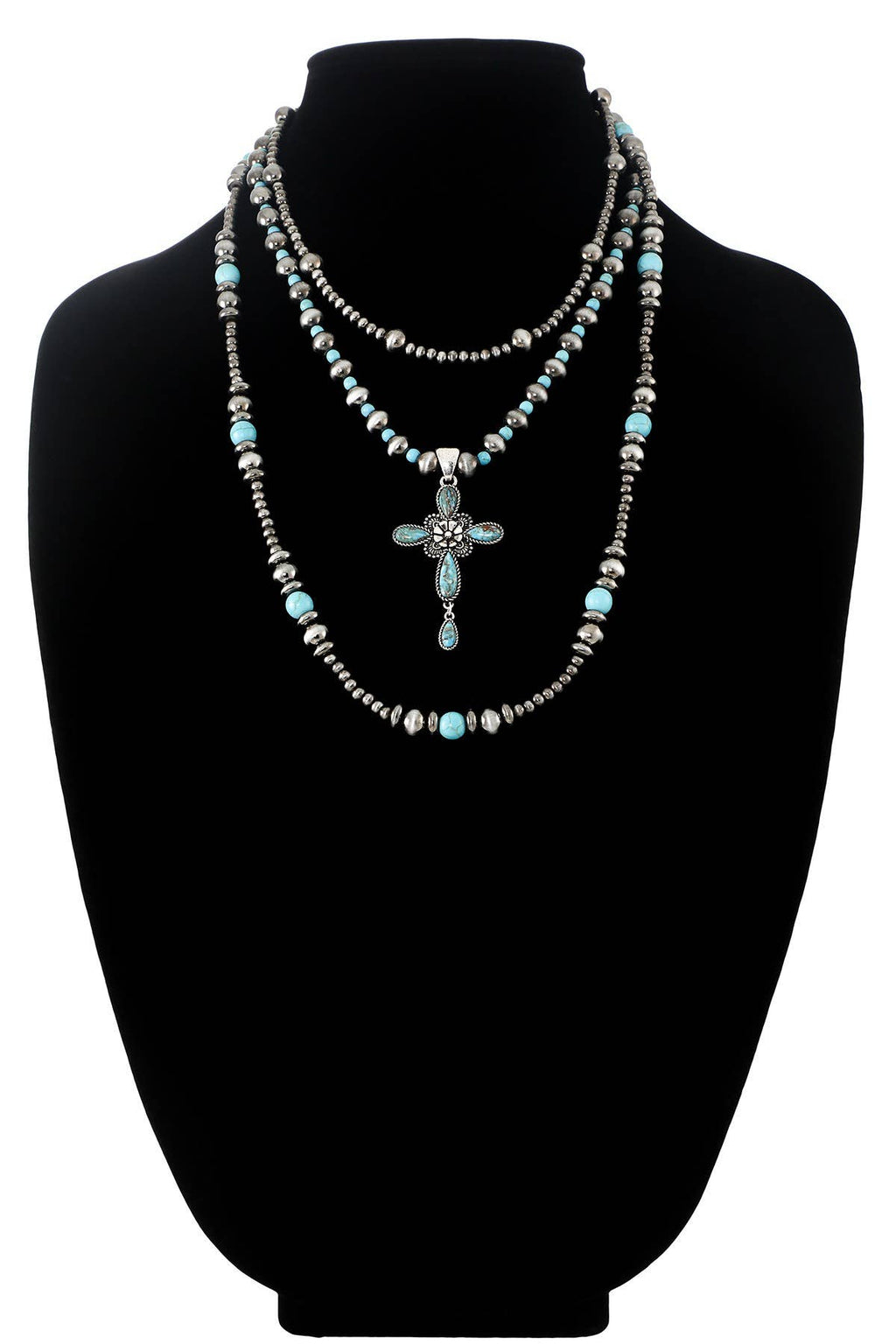 Western Navajo 3 layered Cross Pendant Necklace: SBTQ-TURQUOISE