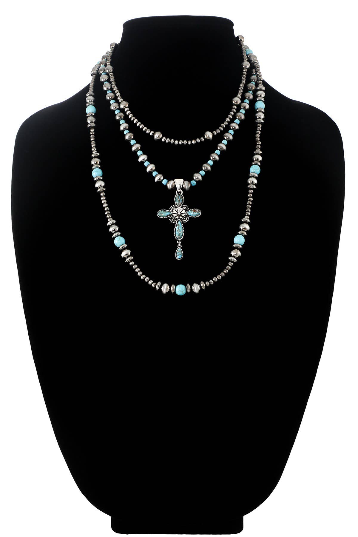 Western Navajo 3 layered Cross Pendant Necklace: SBTQ-TURQUOISE