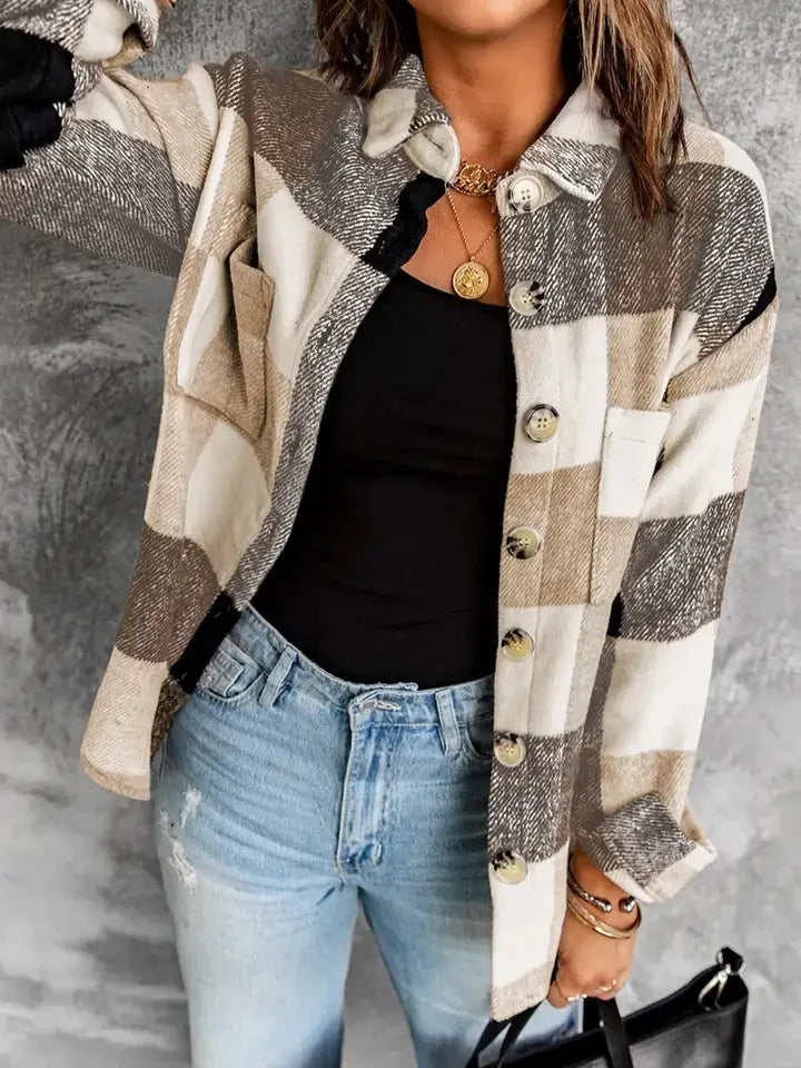 Buttoned Plaid Color Block Long Sleeve Jacket with Pockets