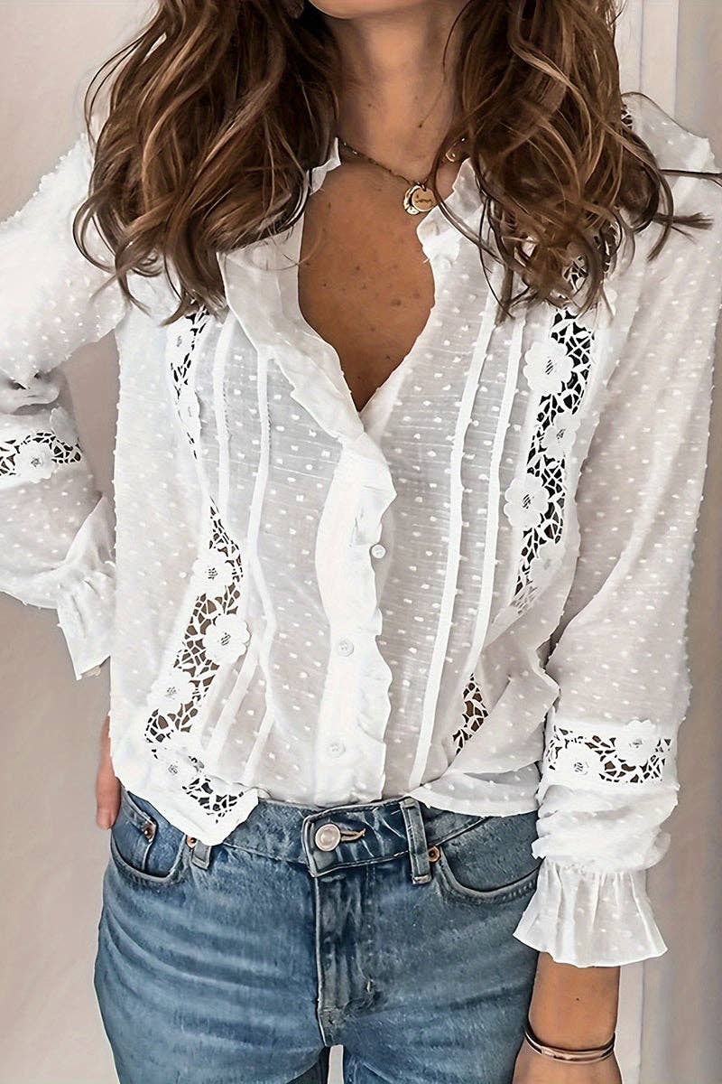 Elegant Lace Trim Blouse: WHITE