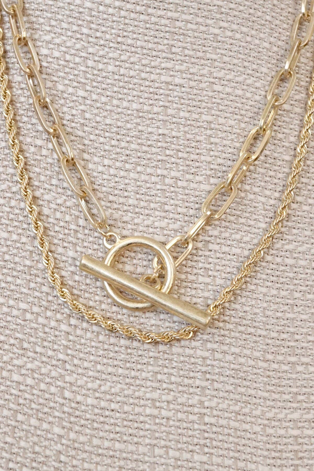Front Toggle Closure Necklace Multi Layer Chain in Gold Tone