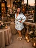 Sweet Floral Print V-Neck Lace Pleated Dress: Blue