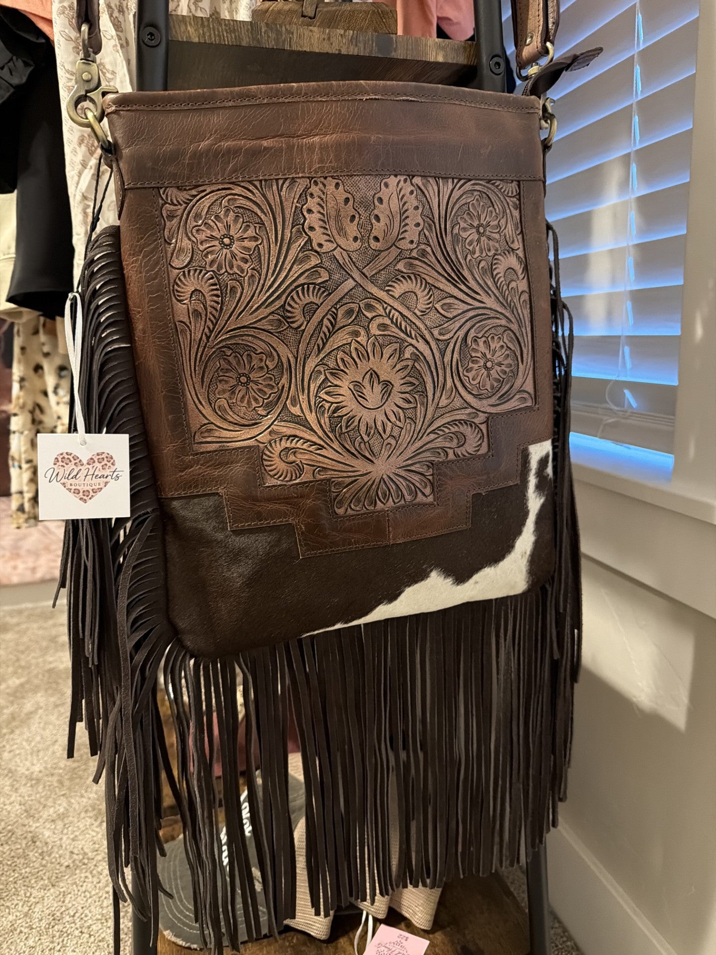 Western Tooled Leather Cowhide Purse - Large Buckle Handbag