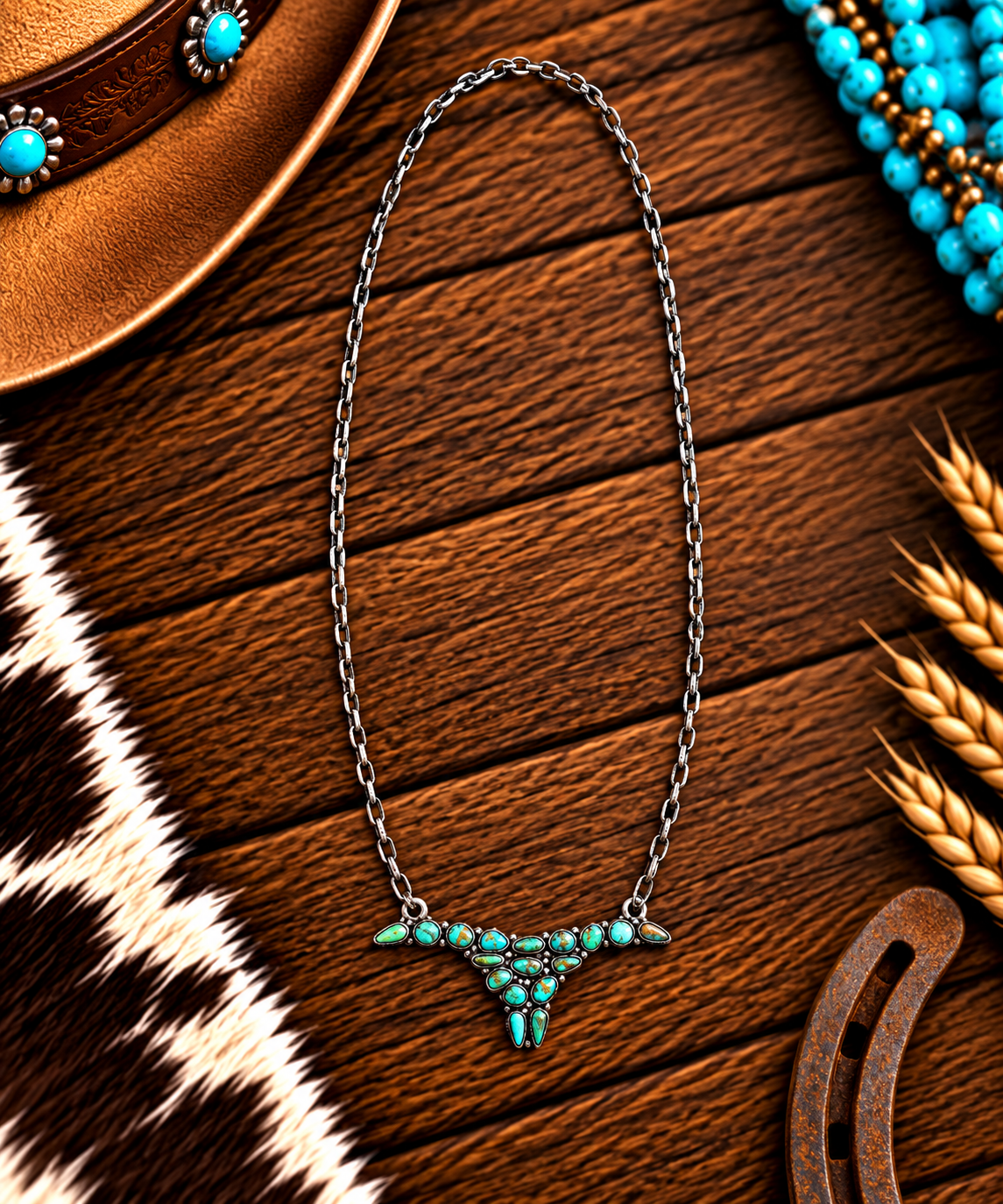 Silver chain with green accent turquoise oxen head