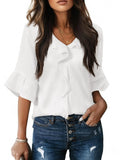 Half Sleeve V Neck Ruffle Collar Casual Top